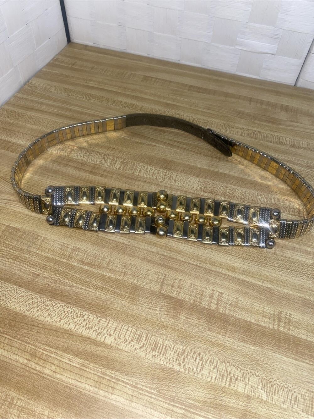 70s 80s Two-Tone Gold Silver Metal Articulated Leather Belt Beads Sz 30